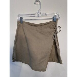 Lefties Women Khaki Taupe Linen Blend Wrap Front Side Tie Mini Skort Size S 26